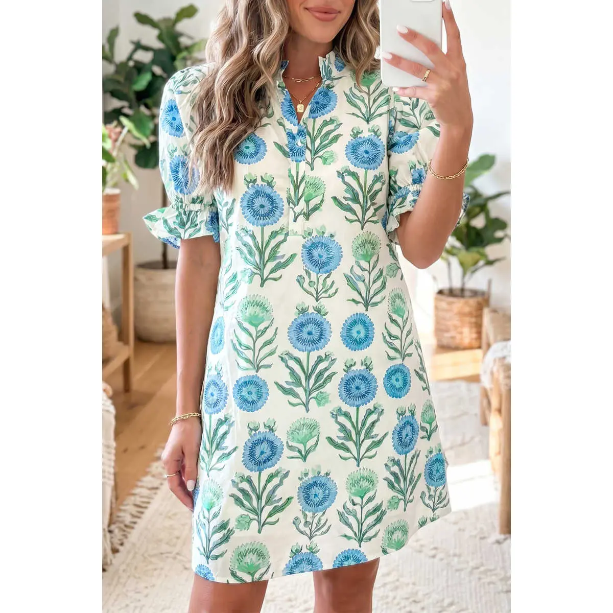 Women's Sky Blue Floral Print Half-Button Frilly Short-Sleeve Dress, Feminine Lady's Breathable Casual Wear, Shortsleeve, Fabric, Puffed, 100% Polyester, Elastic Cuff, Gathered Neck