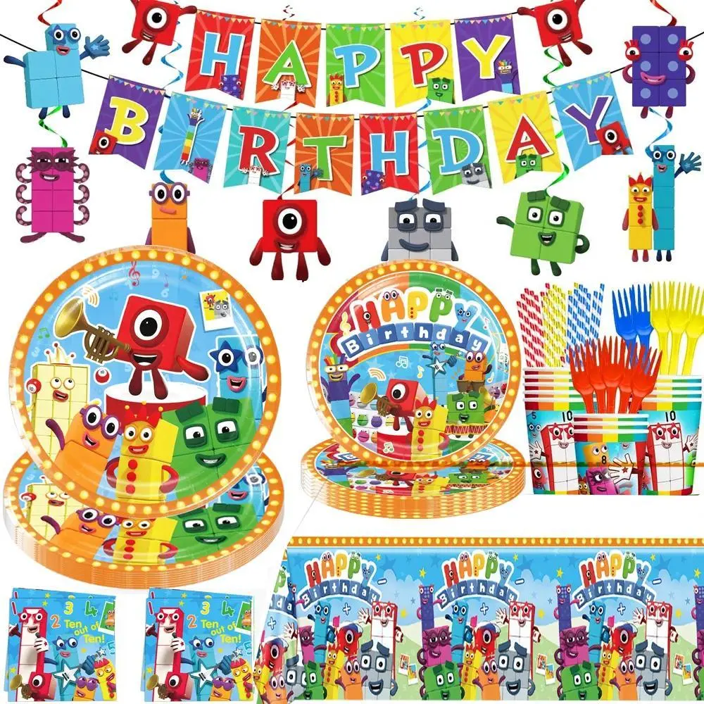 Number Birthday Decorations Building Blocks Tablecloth Banner Spiral Cake Topper Balloon for Kids Baby Shower Supplies Gifts