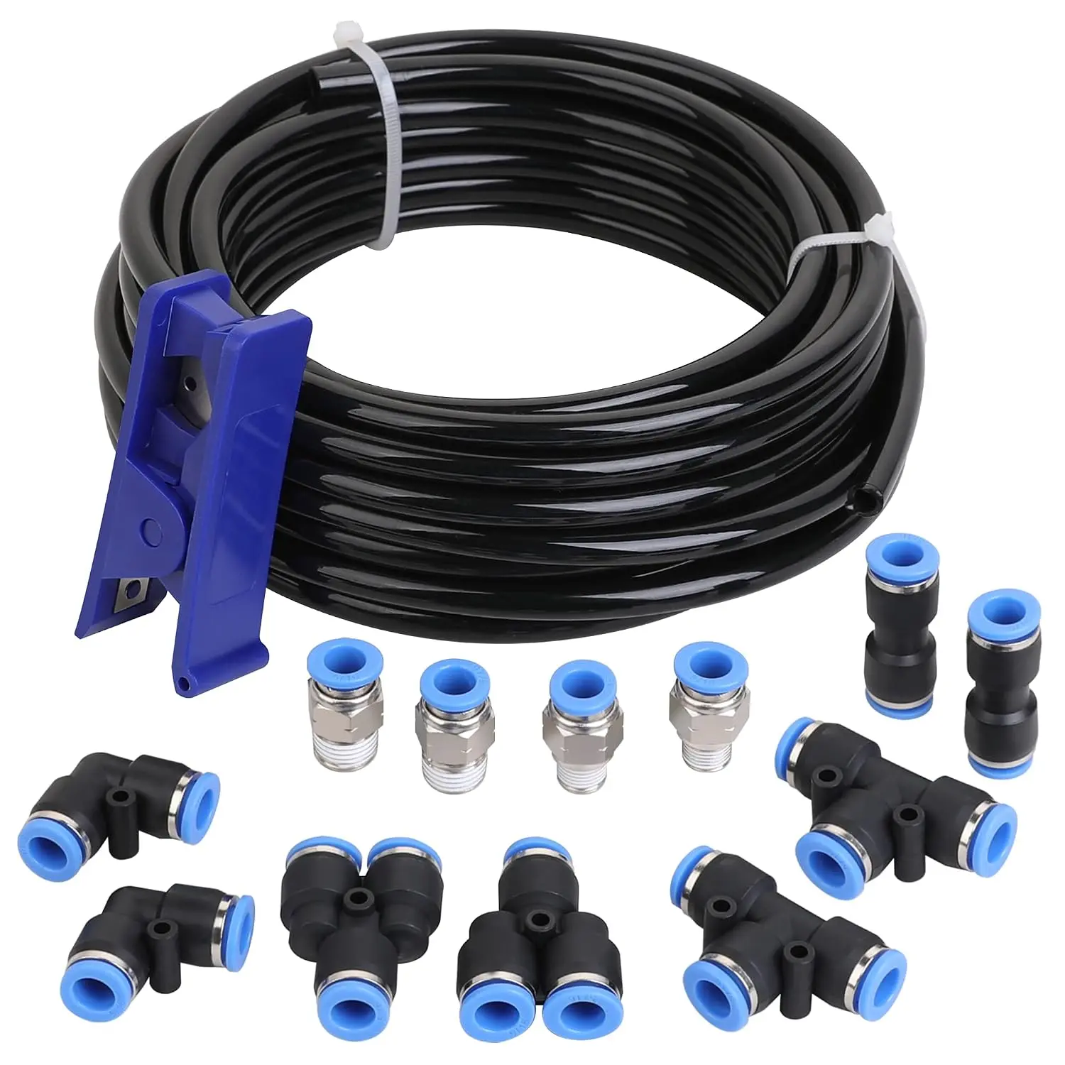 Air Line Tubing Kit, 5/16 Inch (7.937MM) OD x 32.8  Polyurethane PU Tube and Push to Connect Fittings, 14 count Compressed Pipe and Accessories Kit