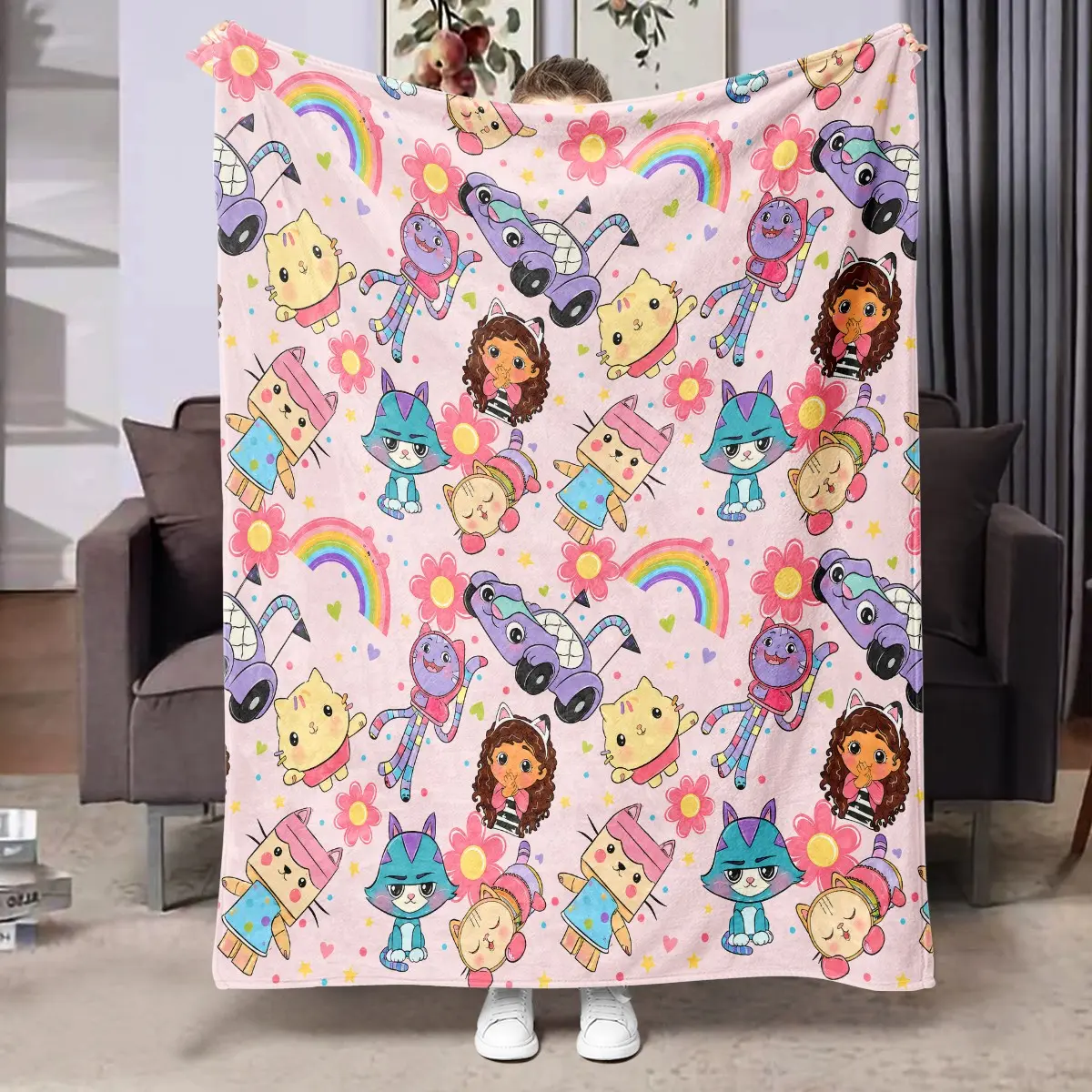 1pc Gabby's Dollhouse Cartoon Fleece Blanket, Full Print With Dollhouse Characters, Rainbow, Flower And Cat Seamless Pattern, Sweet Cute Girls Style, Soft Warm Blanket For Sofa, Bed, Office, Shawl, Camping, Ideal Christmas Gift