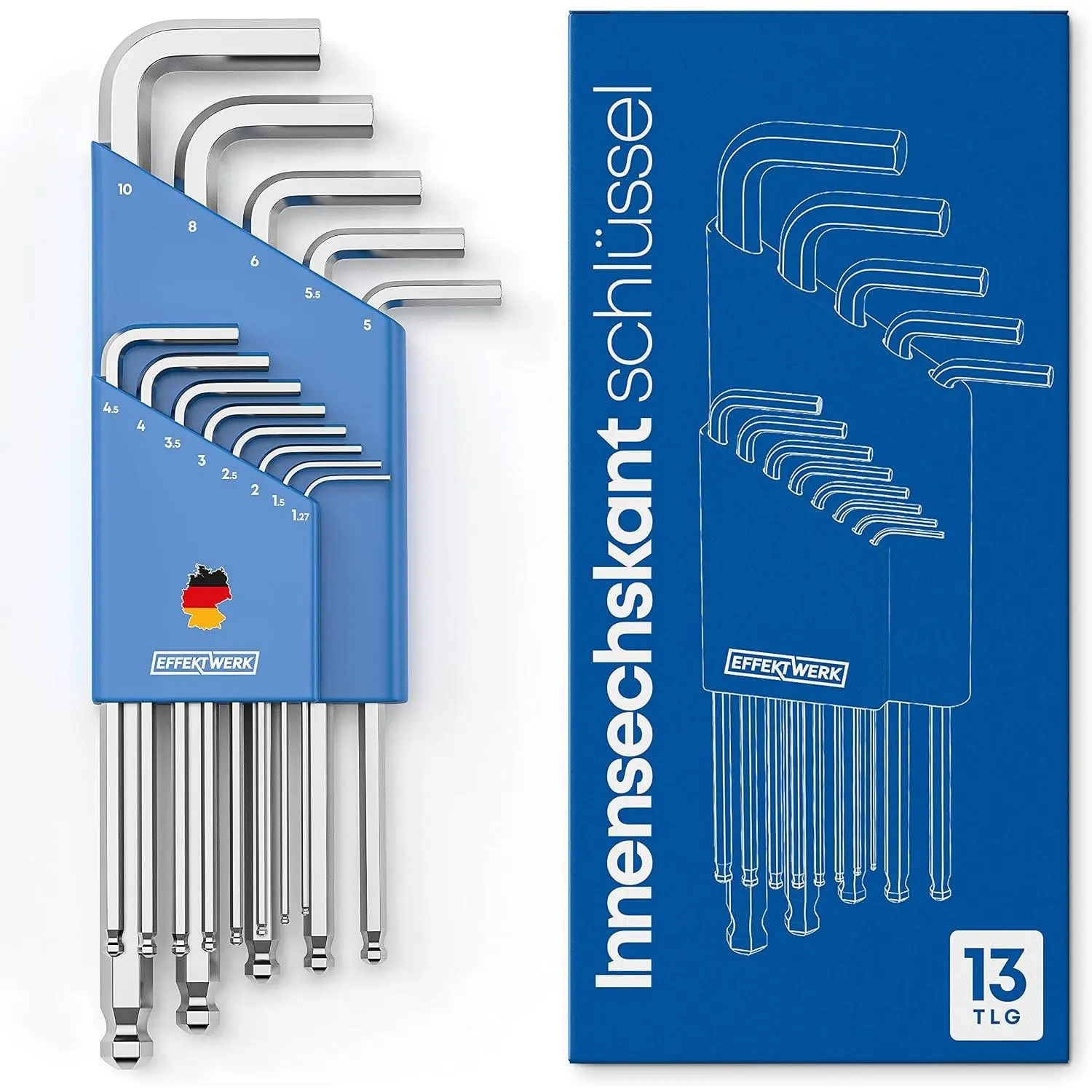 E•Werk - Ball End Hex Key Allen Wrench - 13 count Small Metric L-Wrench Set 1.27mm to 10mm - Chrome Vanadium CrV Steel Torque Handle with Storage Kit - Household Tight Space Precision Tools