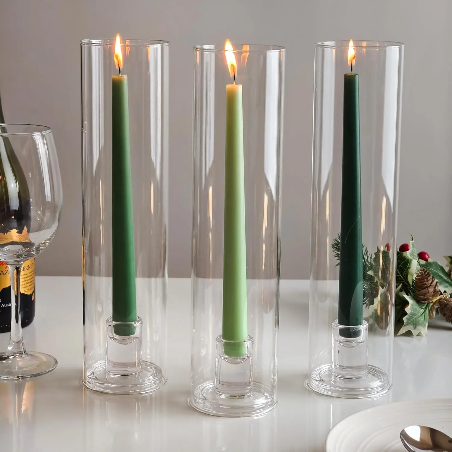 Glass Hurricane Candle Holder Set of 3, Modern Candlestick Stands with 11.8in Tall Cylinder Windproof Cover, Decor Light for Wedding, Outdoor Table Centerpiece