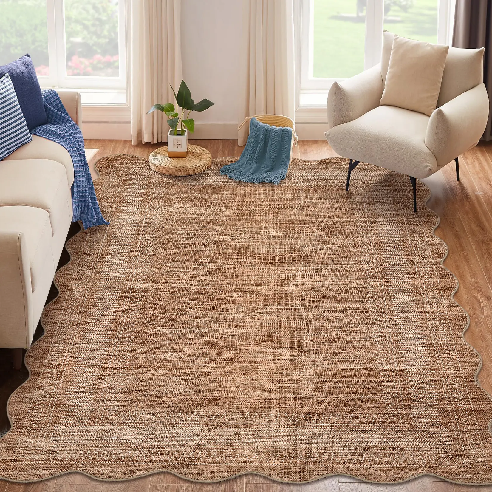 Scalloped Edge Jute Area Rug, Vintage Distressed Neutral Brown Woven Rug, Washable Non Slip Low Pile Textured Carpet, Soft Rustic Farmhouse Decor Rug for Living Room Bedroom Dining Room Kitchen