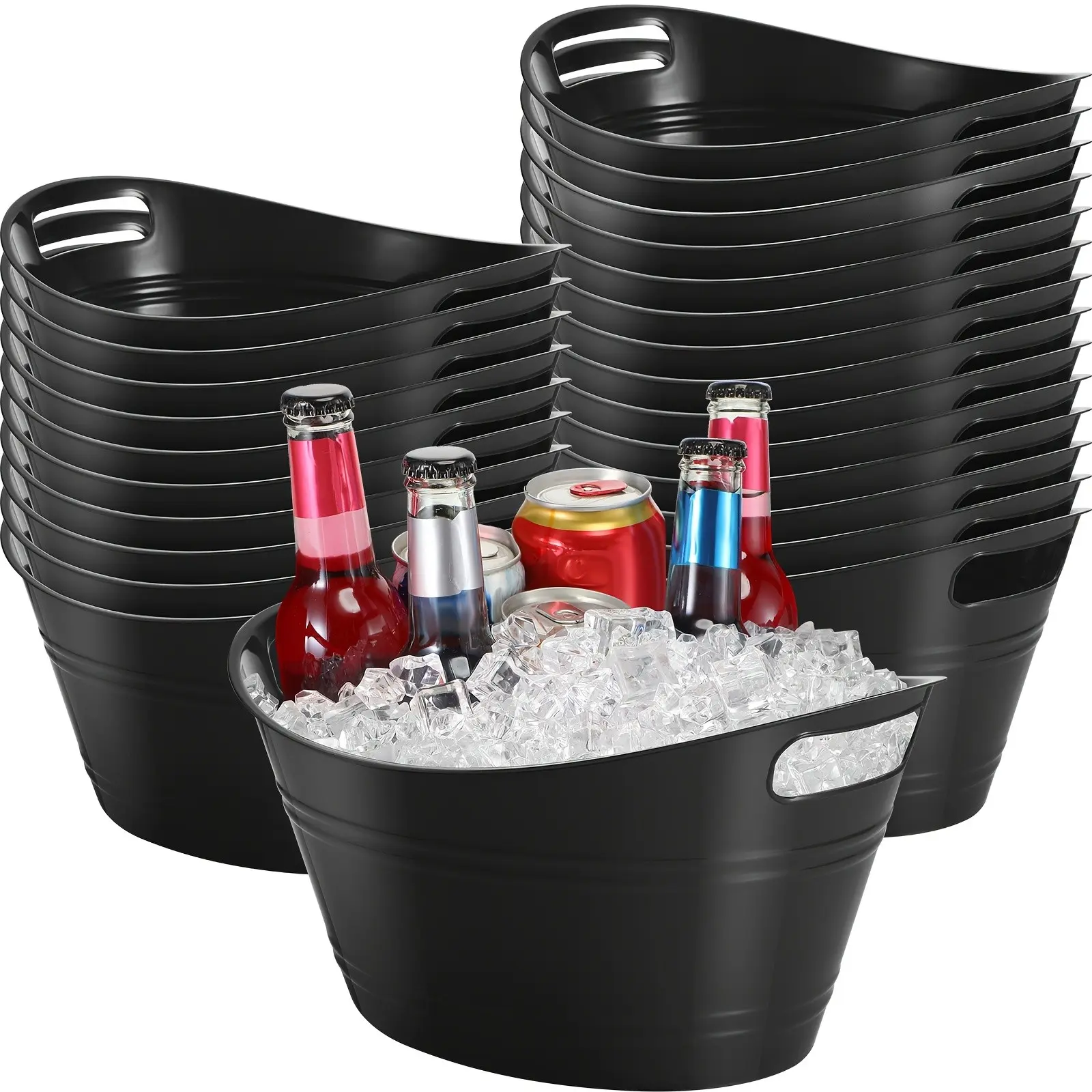 of 24 Oval Storage Tubs Featuring Handles, Each with a Capacity of 4.5 Liters, Ideal for Chilling Ice, Wine, Beer, And Champagne at Gatherings, Also Suitable for Beverage Storage (In Black)