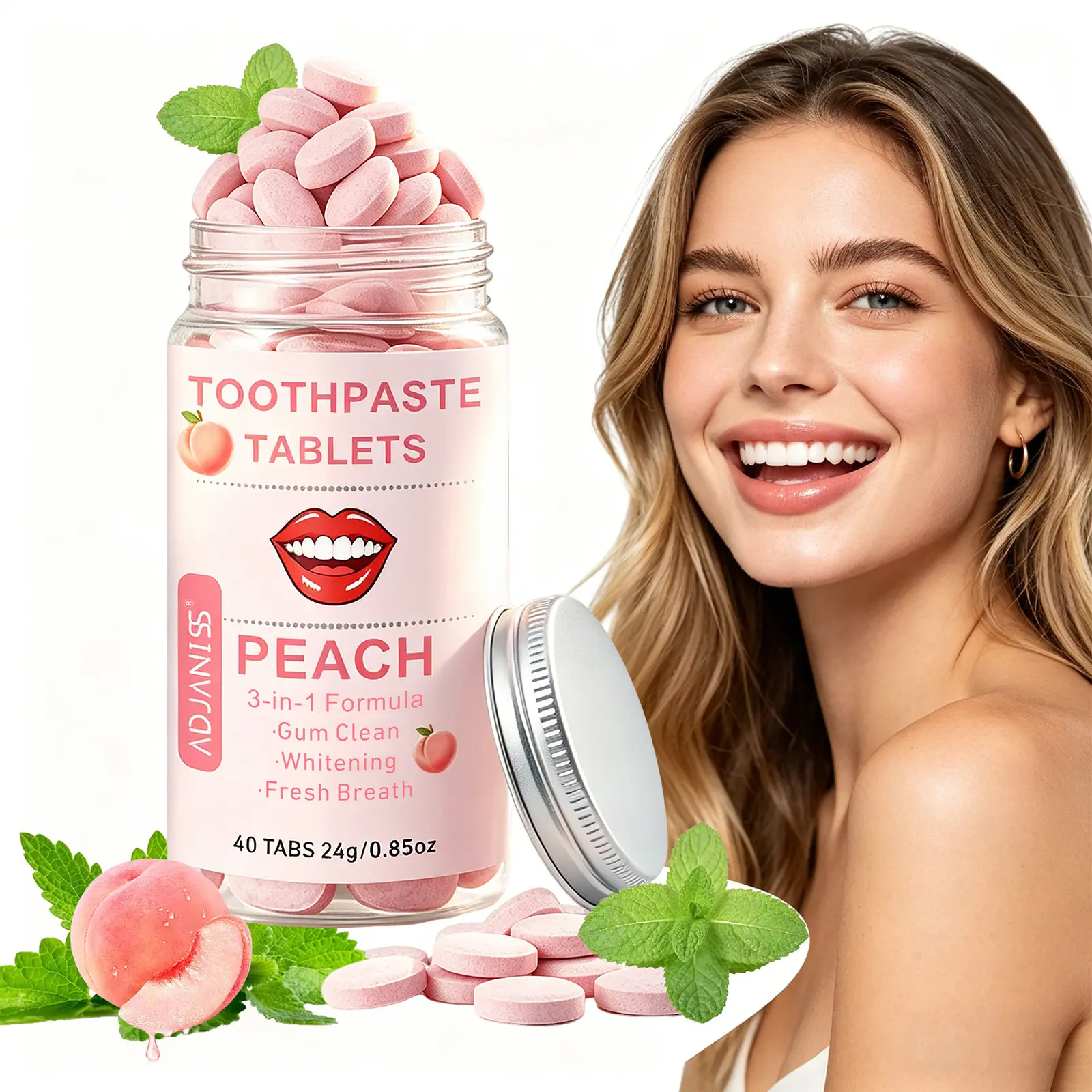 Peach-Flavored Chewable Toothpaste Tablets | Travel-Friendly Solid Tooth Tablets for Teeth Whitening, Gum Care, and Fresh Breath, 40-Count Pack
