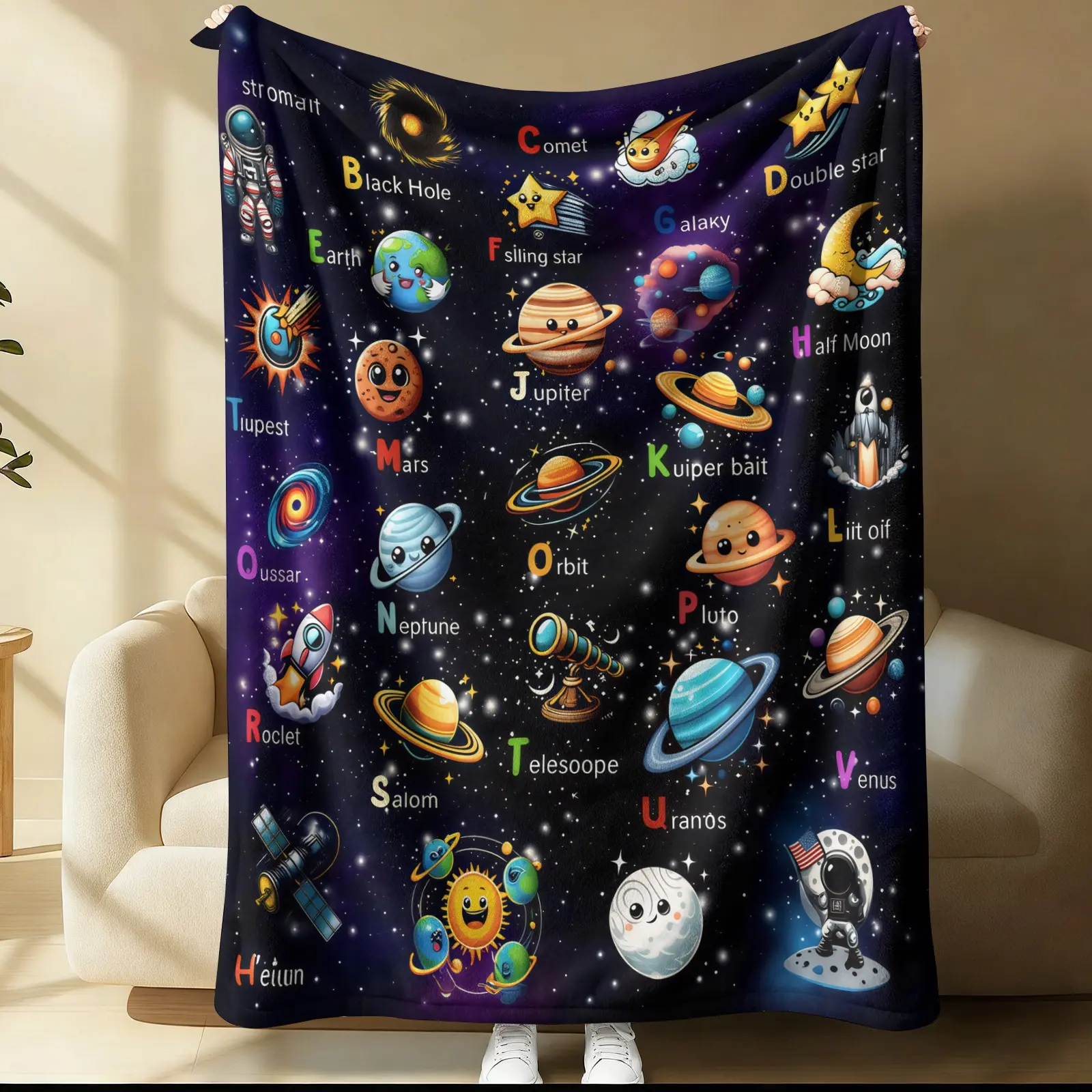 Space Planet Pattern Blanket, 1 Soft And Comfortable Single-Sided Printed Plush Blanket, a Gift For Teenagers And Adults, Suitable For Sofas, Offices, Travel, Outdoor Camping