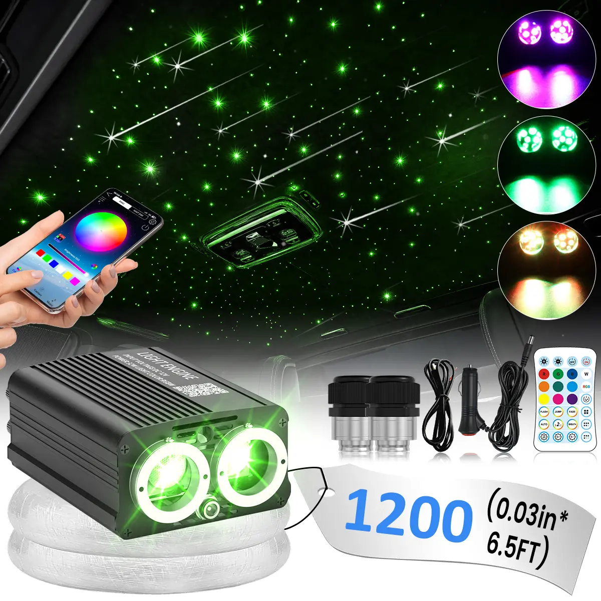 1200pc 2M 32W Fiber Optic Starlight Headliner Kit, Twinkling Stars, Meteor Effect, Galaxy-Themed Ambient Glow Lighting for Car Interior Mod, Home Bedroom Ceiling Decor