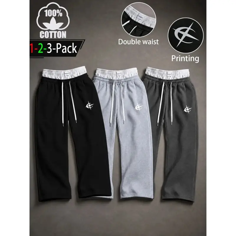 100% Cotton Fake Two Piece Double Waist Sweatpants for Men 1/2/3 Pack Loose Straight Leg Drawstring Joggers Trendy Casual Streetwear Athletic Pants with Star Print Soft Breathable DailyTrousers for Gym Workout Outdoor Y2K High Street Fashion Men's Bottoms