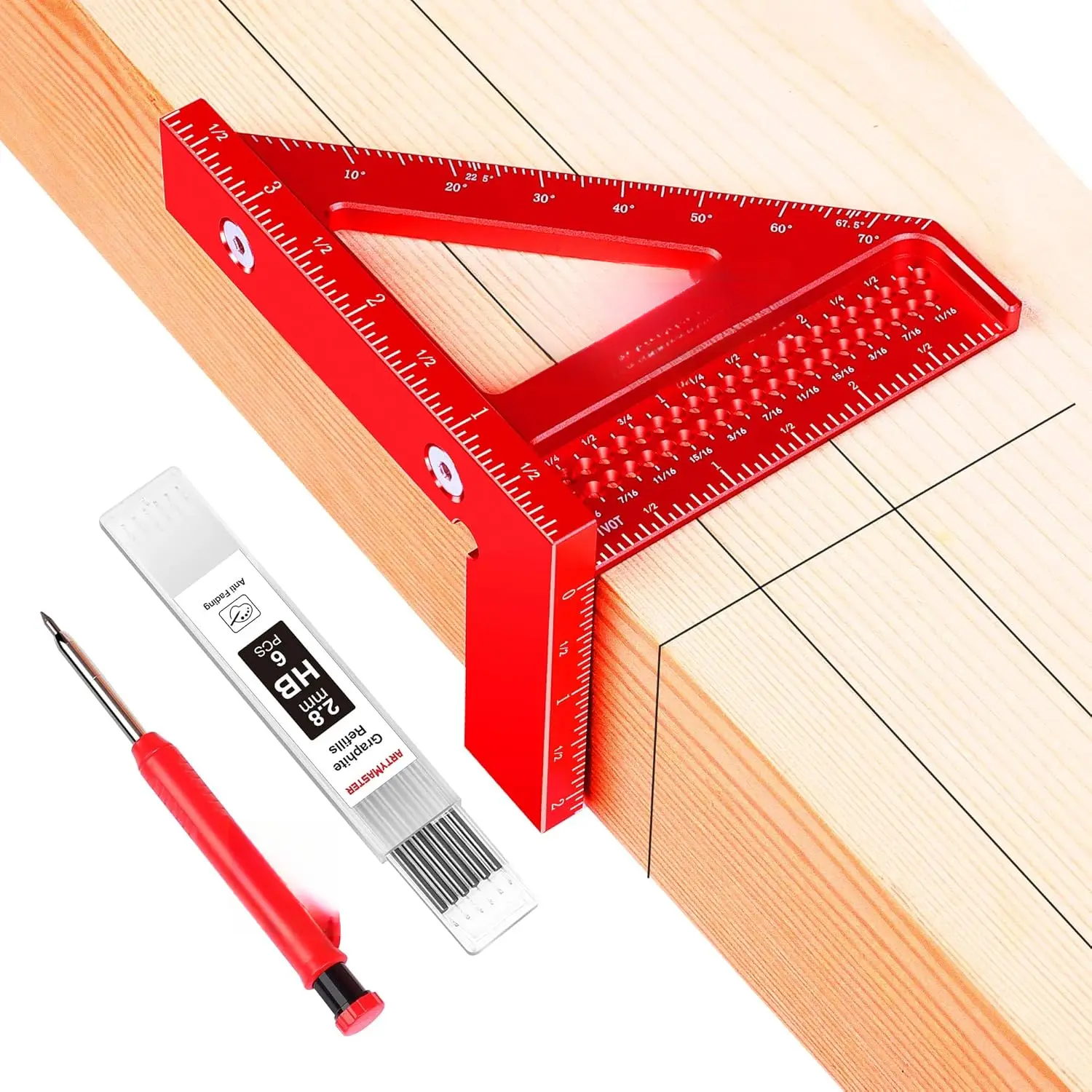 3.8inch Mini 3D Multi-Angle Measuring Square, High-Precision Hole Marking Woodworking Tool, 0-90 Degrees° Aluminum alloy woodworking angle ruler, woodworking tools, woodworking pencil (includes 6 replacement cores)