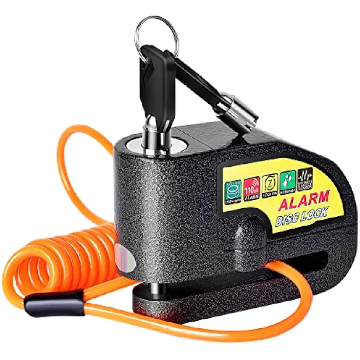 Motorcycle Disc Brake Alarm Lock, 110dB Loud Anti-Theft Security with Waterproof Design – Reminder Cable Included, for Bike & Scooter with Keys & Pouch