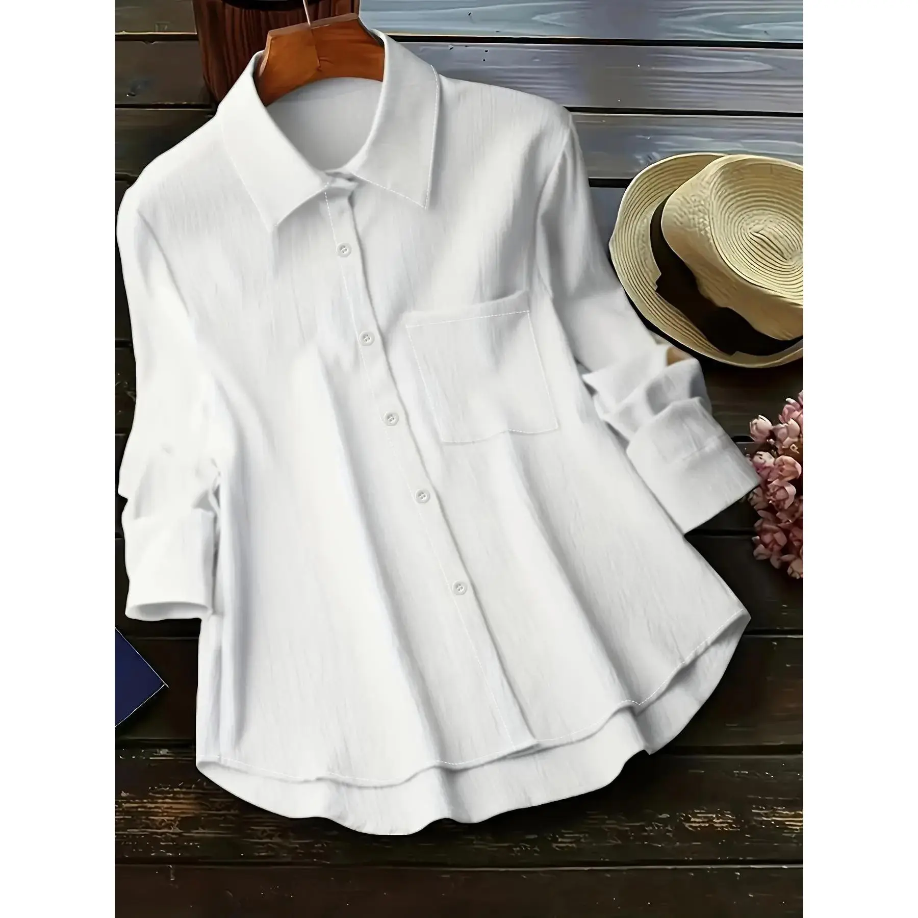 Plus Size Plain Button Front Design Asymmetrical Hem Pocket Shirt, Collared Blouse, Plus Basic Casual Long Sleeve Plicated Collared Top for Spring & Fall, Women's Plus Clothes for Daily Wear