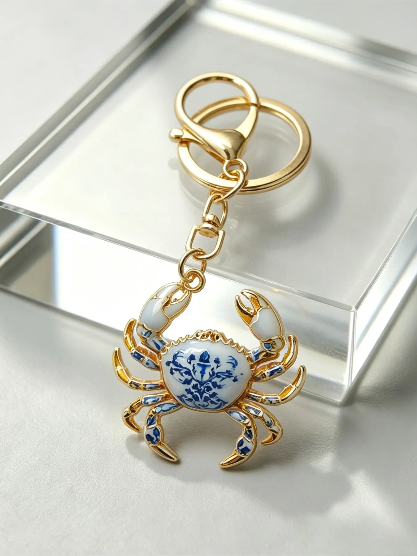 Blue And White Porcelain Pattern Crab Keychain Alloy Sea Animal Key Ring Bag Charm Pendant for Backpack Handbag Fashion Accessories Gift