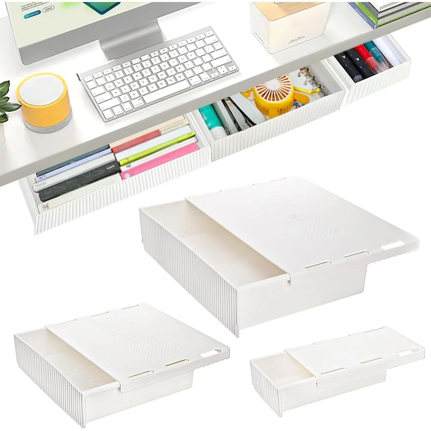 3 Pack Under Desk Drawer Slide Out, Self-Adhesive Under Table Drawer,  Attachable Under Desk Storage Drawers, Stick  Drawers for Office, , School, White