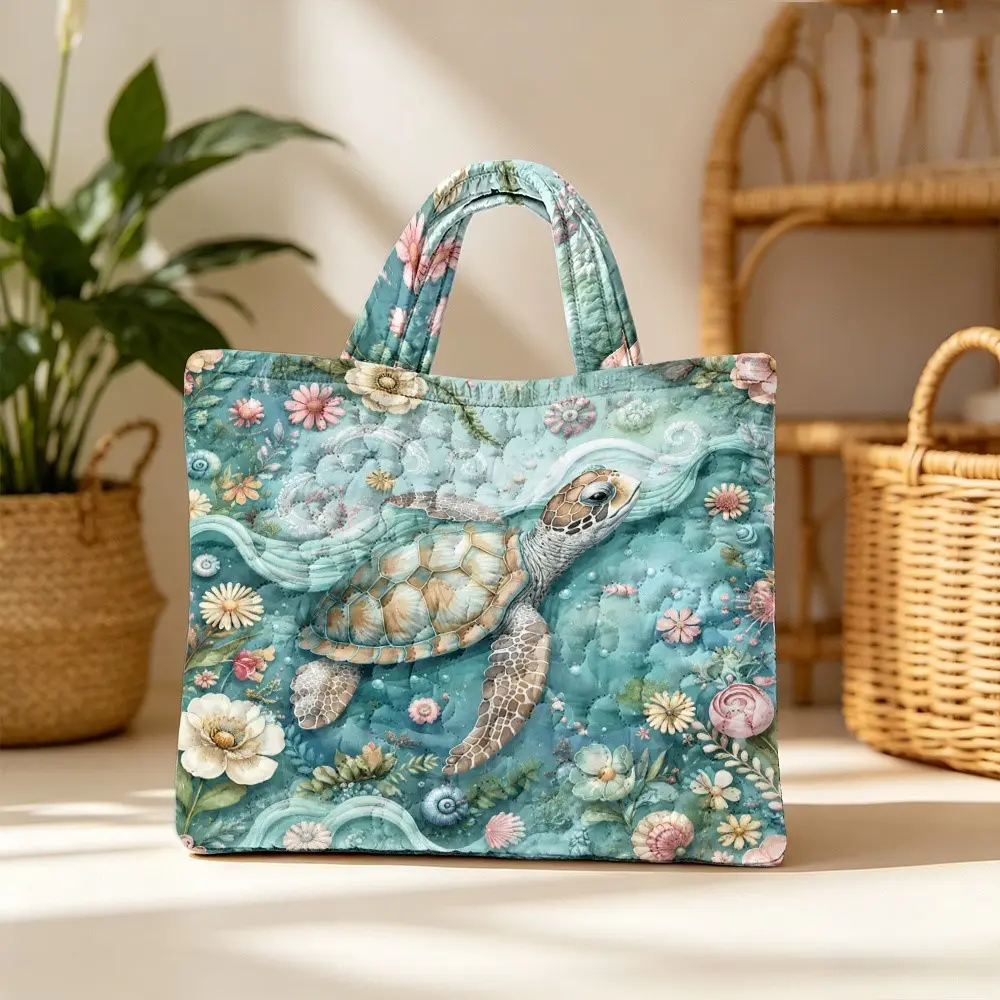 Pastel Floral Sea Turtle Quilted Tote Bag, Boho Coastal Ocean Wave Seashell Print, Large Capacity Shoulder Handbag, Beach Shopping Gift