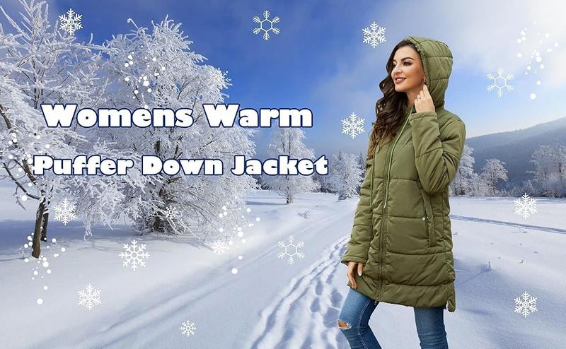 FMEYOA Womens Warm Puffer Down Jacket Hooded Winter Casual Lightweight Mid Quilted Coat with Pockets
