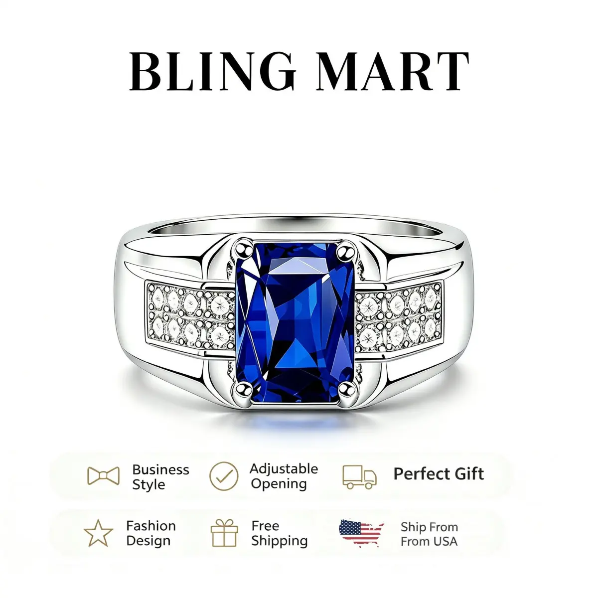 Square Blue Zircon Adjustable Men's Ring , Anxiety Relief Cubic Zirconia Wedding Band ，Birthday Gifts，Fashion Jewelry