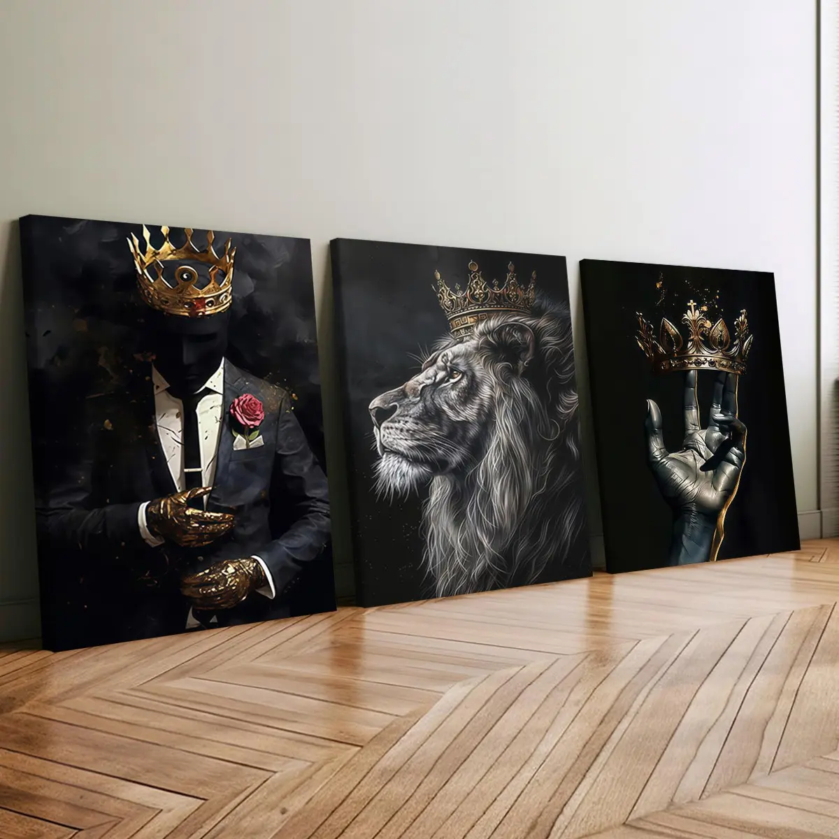3-Piece Wood Frame Canvas Posters, Modern Living Room Decor, Waterproof, Odorless, Suitable for Home, Bedroom, Office, Retro Lion Design
