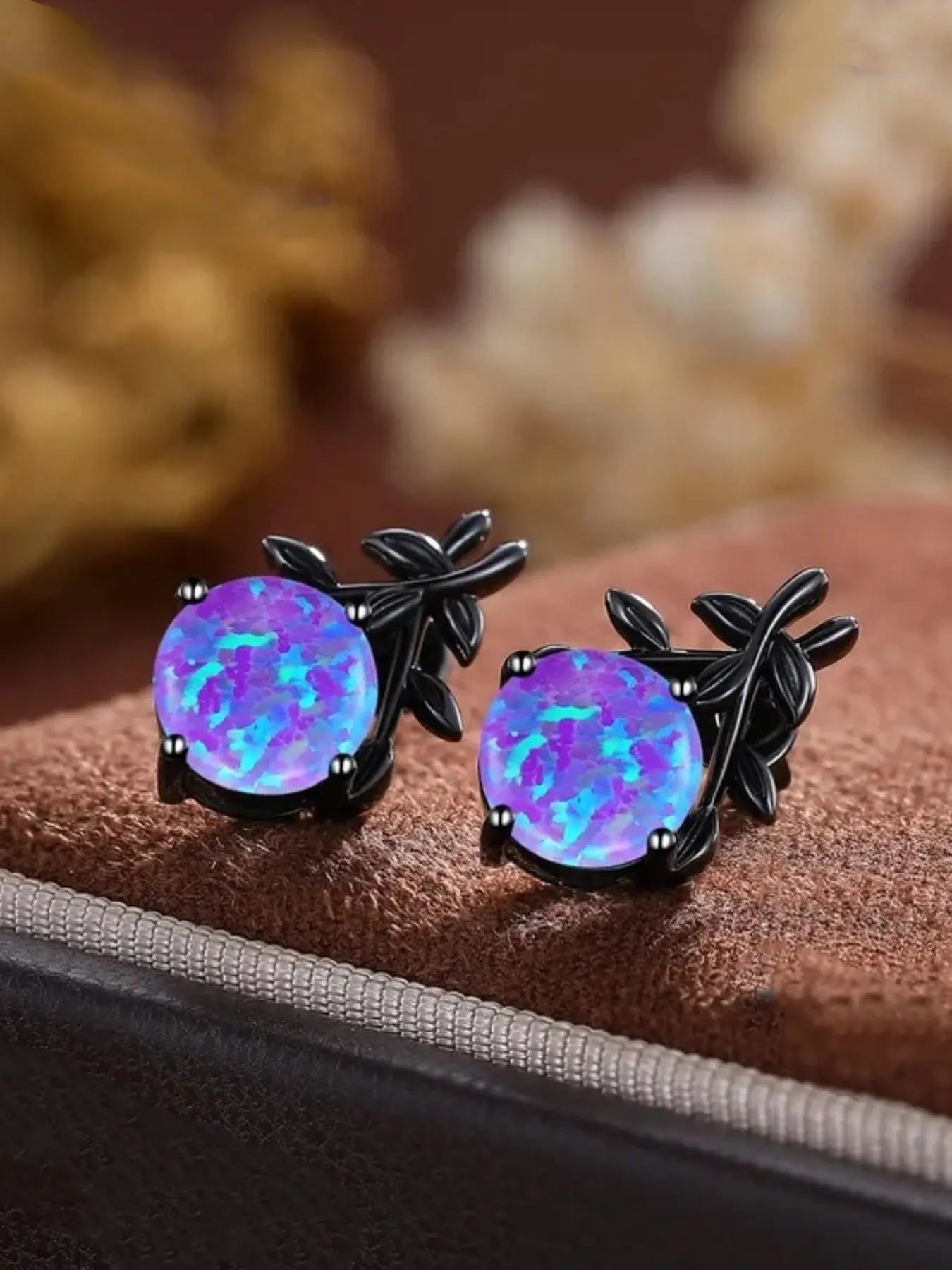Unique Black Stud Earrings Purple Synthetic Opal Leaf Design Earrings for Women and Man Stackable Earrings Delicate Jewelry Perfect for Engagement Weddings, Daily Wear Anniversary Gift for Her