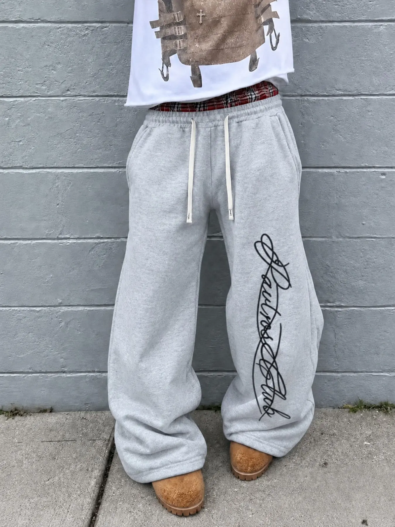 Men's Fall Street Style Workout Pants, 2-In-1 Thick Knit Joggers, Elastic Drawstring Waist, Letter Print, Loose Fit, Ankle Length