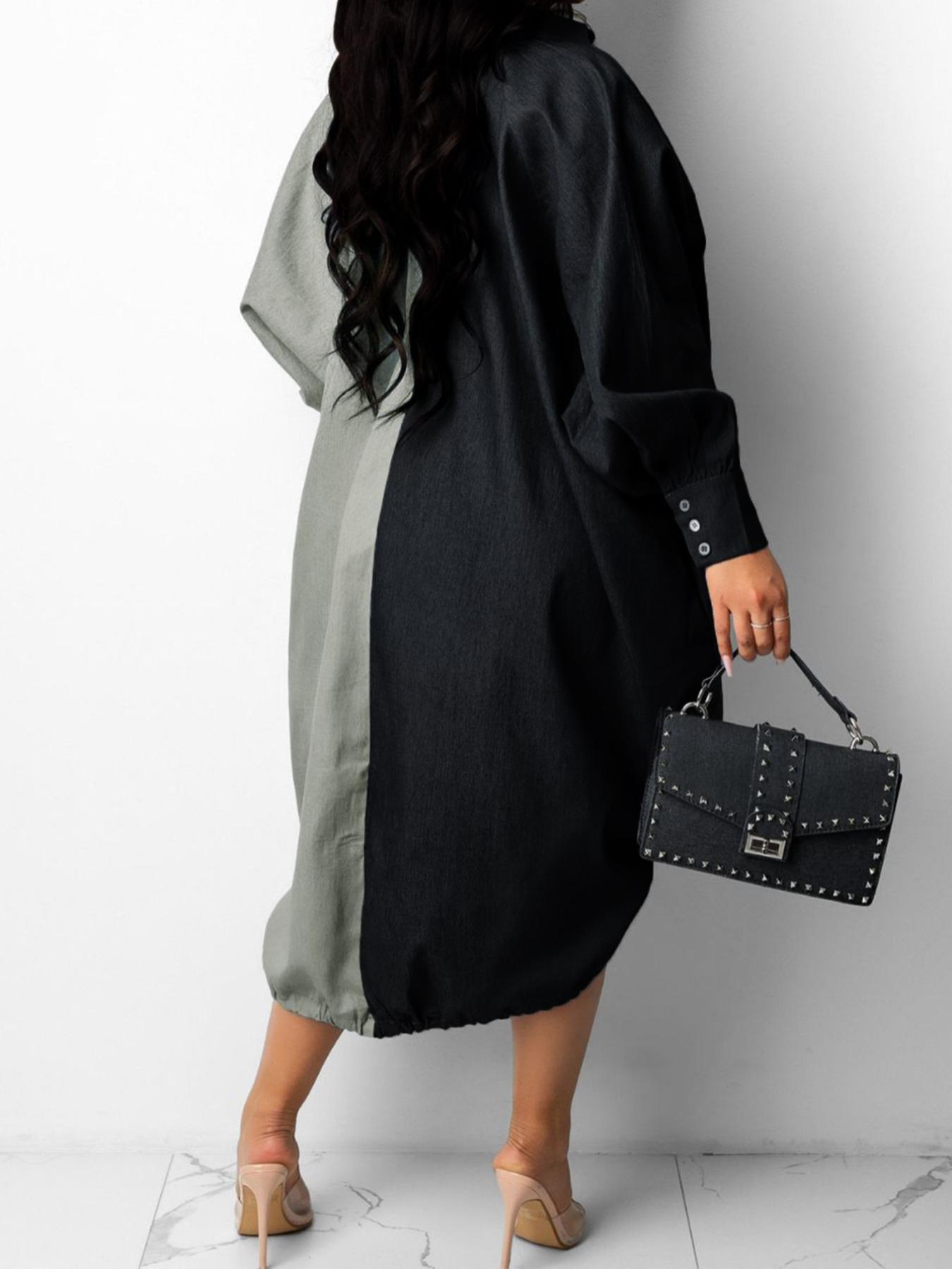 Women's Colorblock Drawstring Hem Dress, Casual Button Front Long Sleeve Woven Dress for Spring & Fall, Women's Clothing for Daily Wear