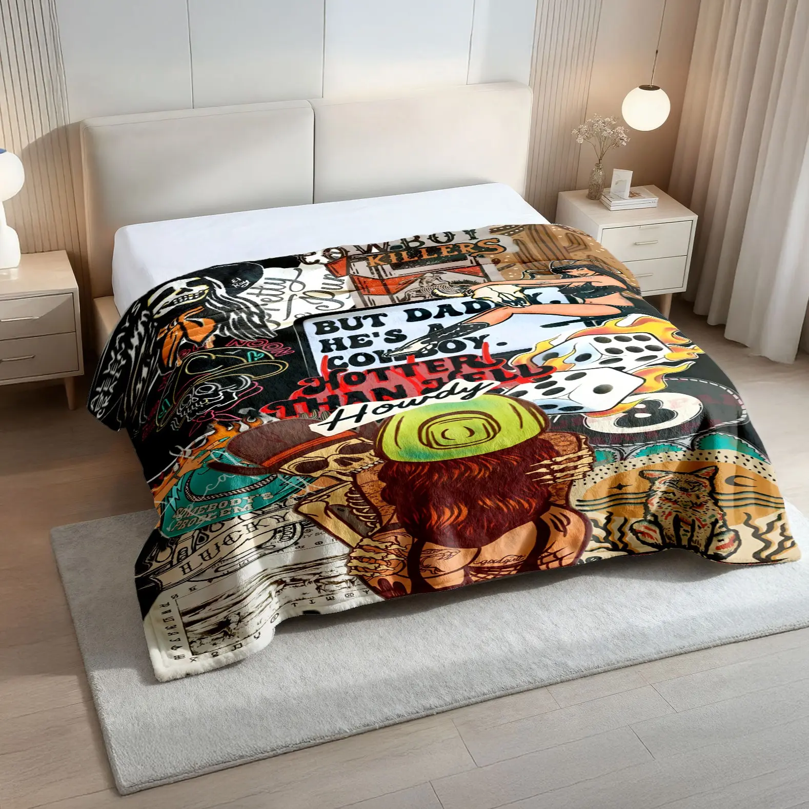 Retro Old School Western Cowboy Cowgirl Tattoo Blanket, Ultra-Soft Plush Throw, Gothic Skull Wolf Design, Ideal for Rodeo Lovers#WesternBlanket #CowgirlDecor #CountryGothic #VintageTattooArt #RodeoGift