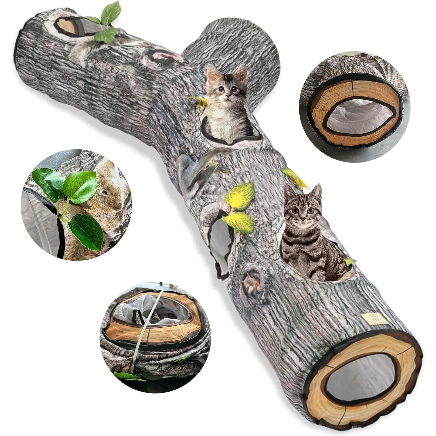 Tree Shape 3-Way Collapsible Pet Tunnel, Foldable Indoor Cat Chase Game Toy, Easy Storage 59in Play Tunnel for Cats Kittens, Ideal Pet Gift