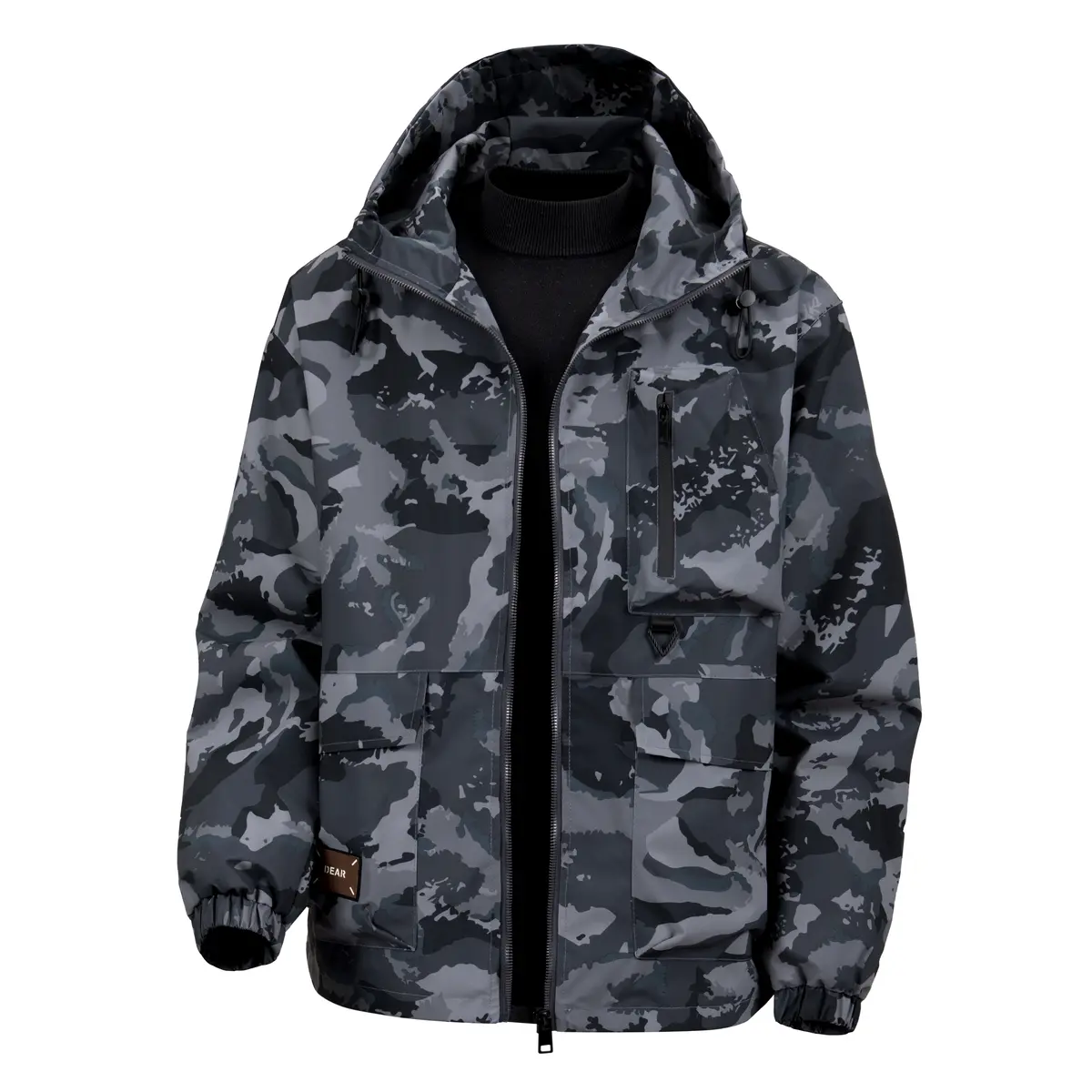 Men's hooded full zipper camouflage workwear jacket, featuring a drawstring hood and practical front pocket, is a stylish winter outerwear item suitable for commuting, hiking, and daily wear in autumn and winter.