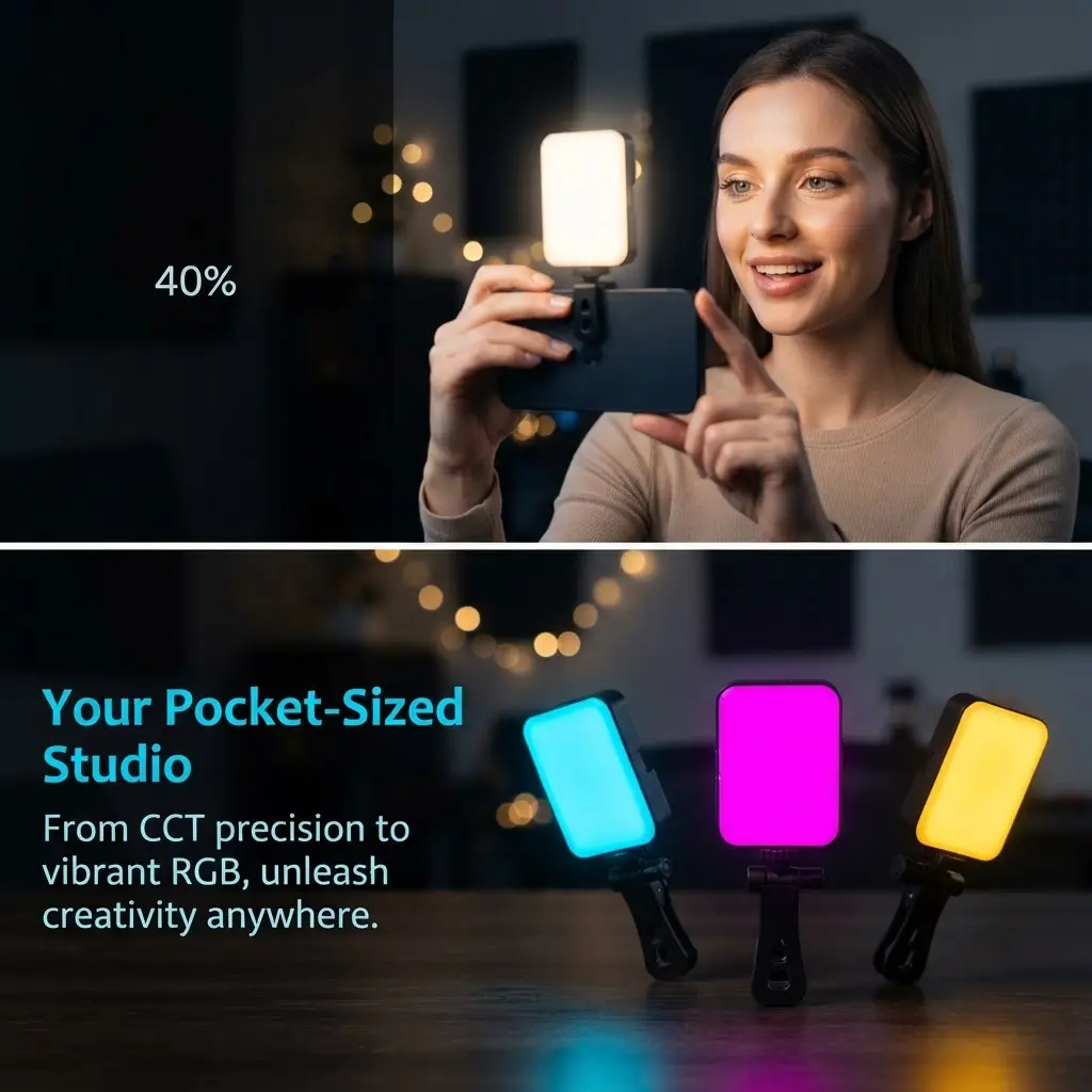 RGB Pocket LED Video Light with Phone Clip, 360° Full Color Portable Selfie Fill Light, 2500K‑9000K Dimmable Beauty Light with 20+ Scene Modes, Rechargeable Mini Camera Light for Live Streaming, TikTok, Makeup, Vlog & Photography
