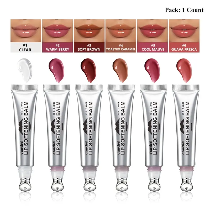 6-Color Moisturizing Lip Softening Balm Tinted High-Shine Lipgloss with Metal Applicator Tip, Helps Smooth the Look of Fine Lip Lines, Suitable for Day and Night Use