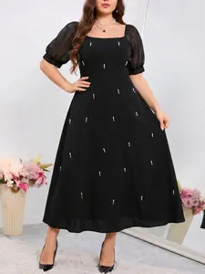 Elegant Plus Size French Square Neck Beaded Dress, Womenswear, Slimming Bubble Sleeve Midi Dress, Perfect for Multiple Occasions