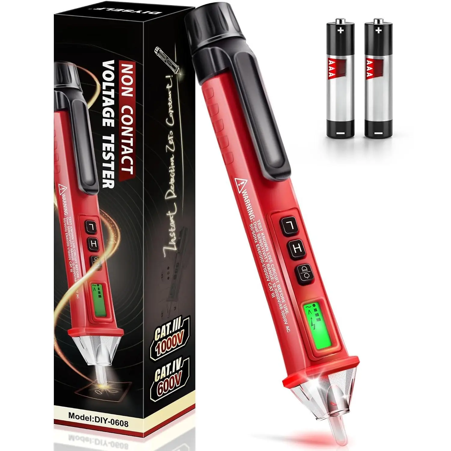 Non-Contact  Tester Pen, 12V/48V-1000V AC |  detector with  sensitivity, LCD display, buzzer, flashlight and  III rating