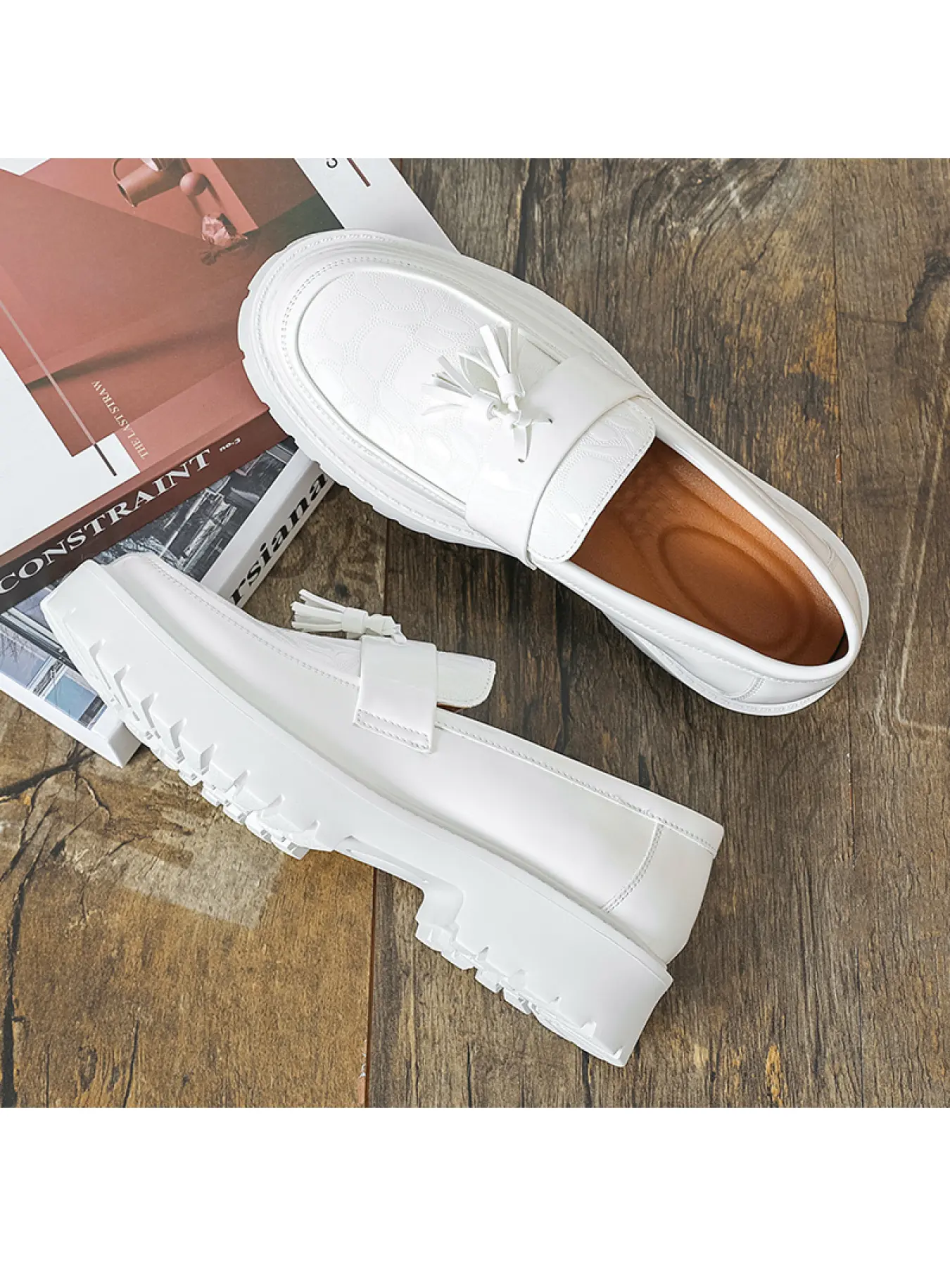 Men's Tassel Elegant Plain Loafers Patent Leather Croc Print Platform Slip-On Thick Sole Business Casual Dress Shoes