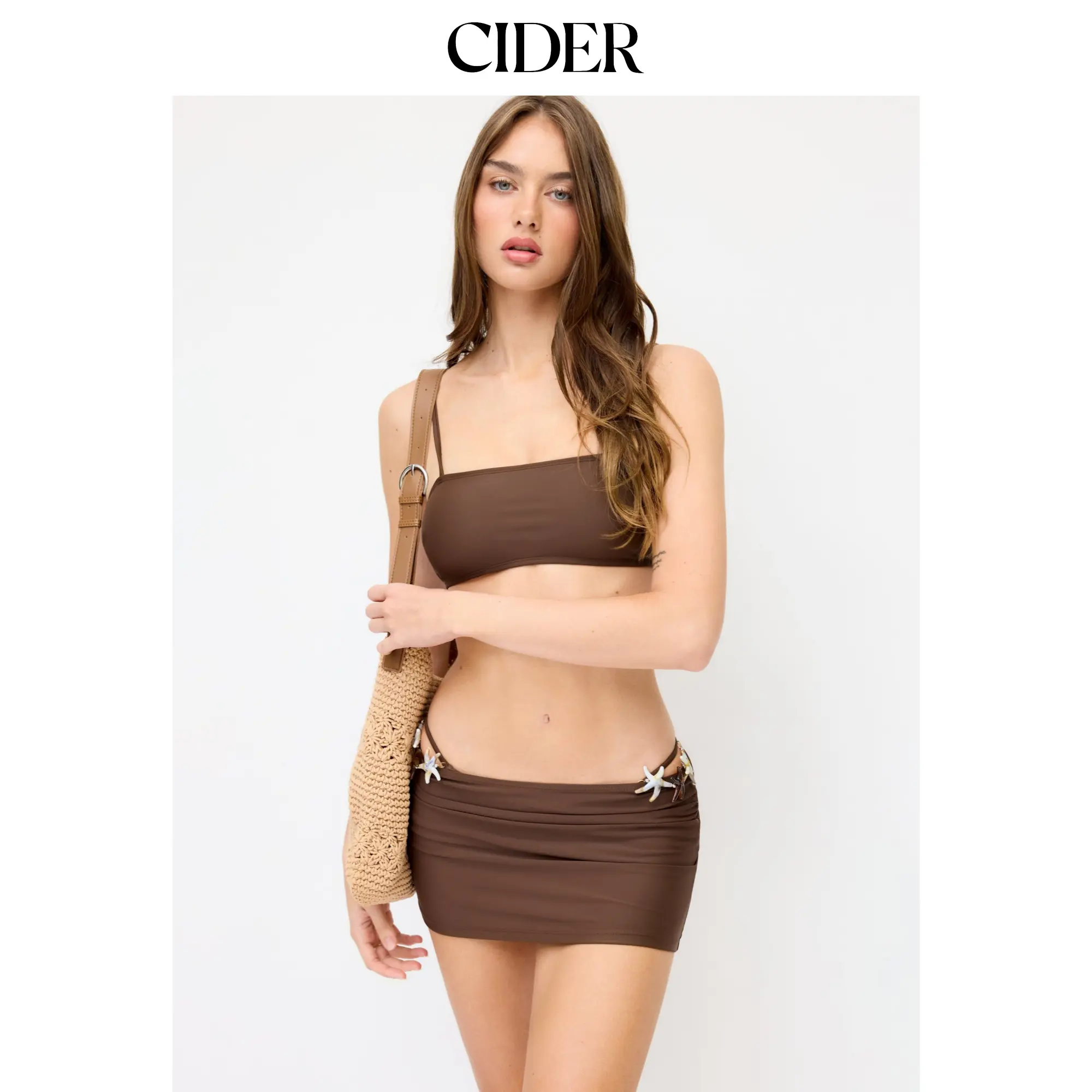 Cider Square Neck Starfish Detail Bandeau Bikini Set With Ruched Cover Up Skirt