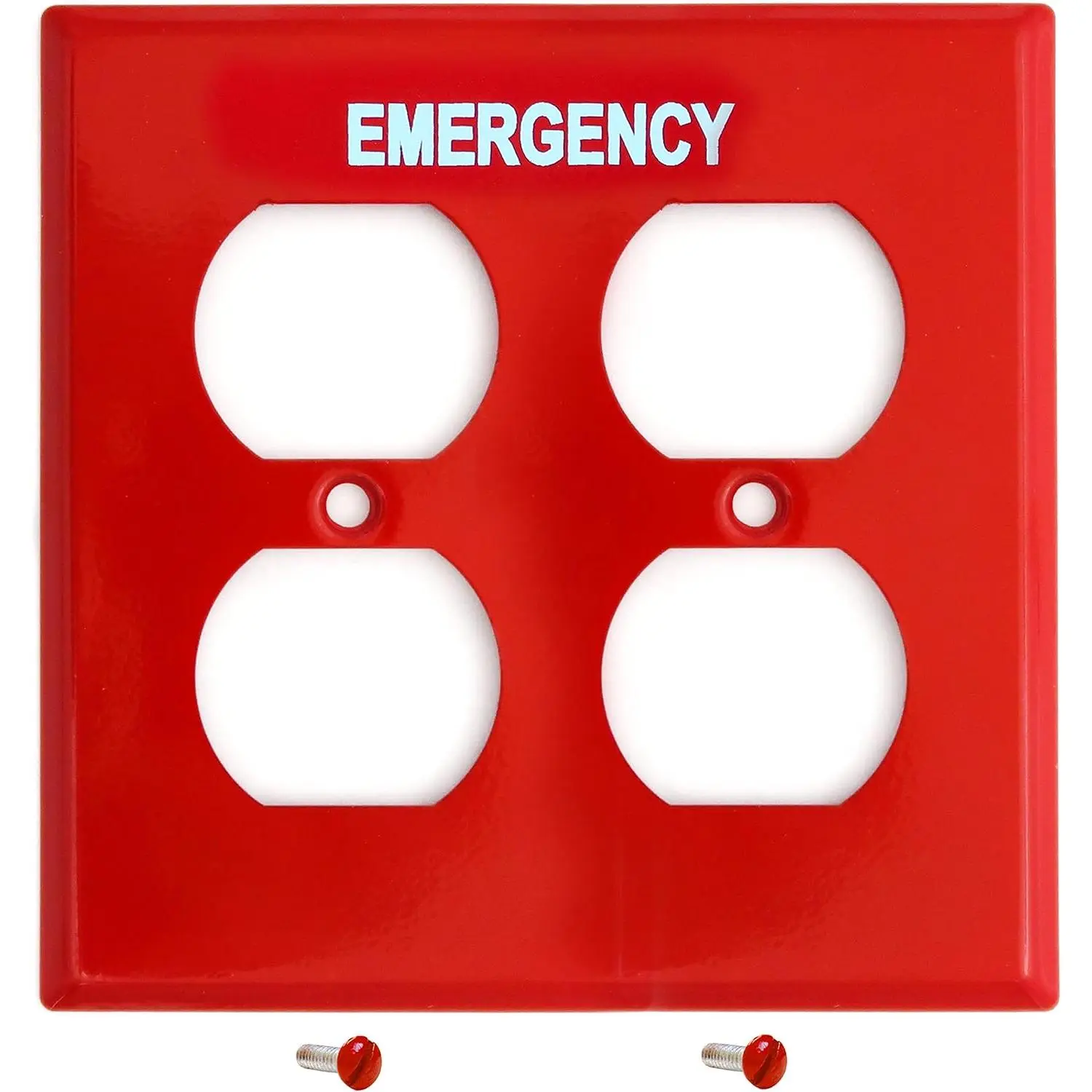 Red Outlet Covers, Duplex Receptacle  Wall Plate, 2-Gang Standard Size, Heavy Duty, Red Metal, With White Silk-Screened Lettering, Code Compliant, Noticeable