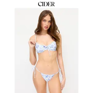 Cider Fruit Graphic Scoop Neck Ruched Tie Side Underwire Bikini Set