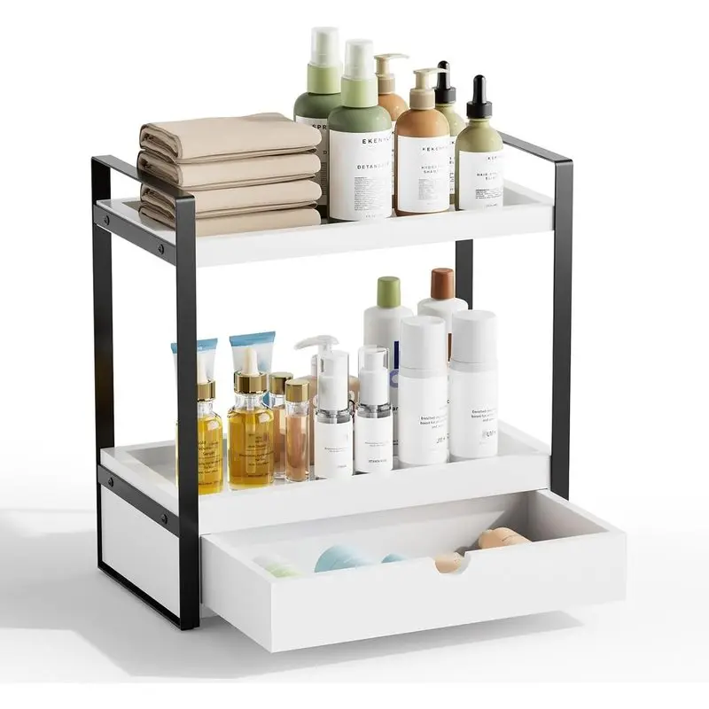 2-Tier Bathroom Organizer with Drawer, Wood Vanity Shelf for Makeup, Skincare, Perfume, Toiletries, Kitchen, Coffee Bar and Office, White