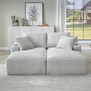 Compressible double chaise lounge with cupholders - No Assembly Required, Fluffy Modern Sleeper Loveseat for Indoor Living Room Bedroom Reading