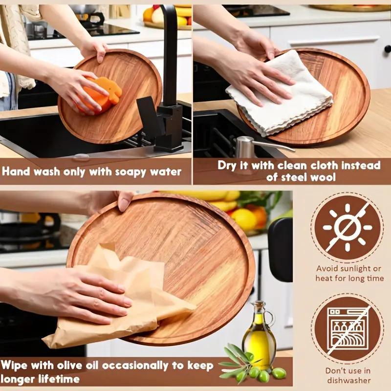 Round Wooden Tray, 1 Count Serving Tray, Fruit Tray, Snack Tray, Breakfast Tray, Table Decor, Home Decor, Kitchen Supplies, Coasters