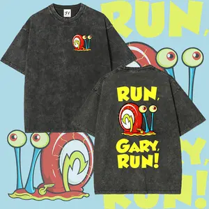 RUN, GARY, RUN! Pet snail Running at excessive speed Unisex Plus Size Summer Graphic Tees Personalized Pattern Y2k Clothing Round Neck Short-Sleeved Washed T-Shirt,Women's Clothing 100% Cotton, Menswear, Top, Vintage Style, Casual Oversized