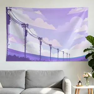 Purple Aesthetic Sunset Power Lines Clouds Wall Tapestry - Large Printed Horizontal Polyester Decor Artwork, Sustainable Room Decor for Bedroom, Holiday Gift, No-Installation Indoor-Outdoor Wall Hanging