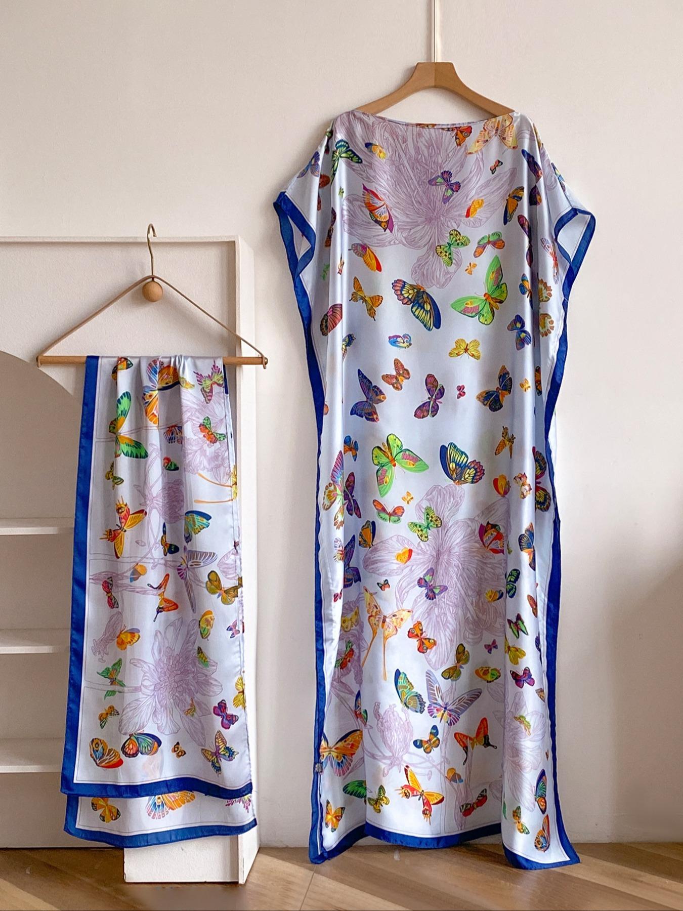 Women's Floral Print Long Sleeve Cape Shawl & Scarf Set, Elegant Casual Silk Scarf & Shawl Set for Beach Vacation, Boho Style Shawl, Fashion Accessories for Women