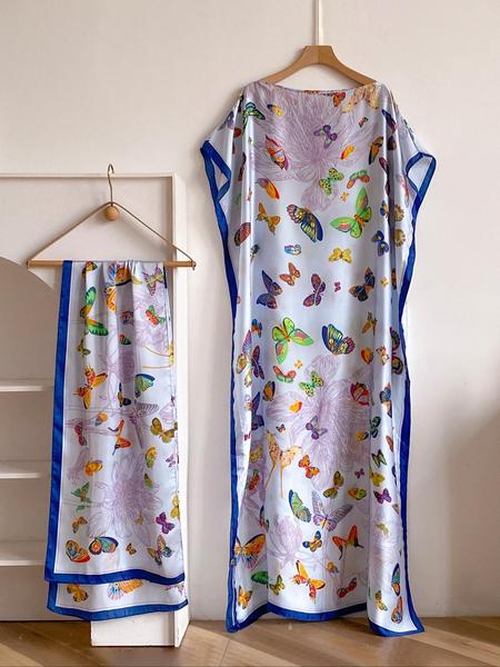 Women's Floral Print Long Sleeve Cape Shawl & Scarf Set, Elegant Casual Silk Scarf & Shawl Set for Beach Vacation, Boho Style Shawl, Fashion Accessories for Women