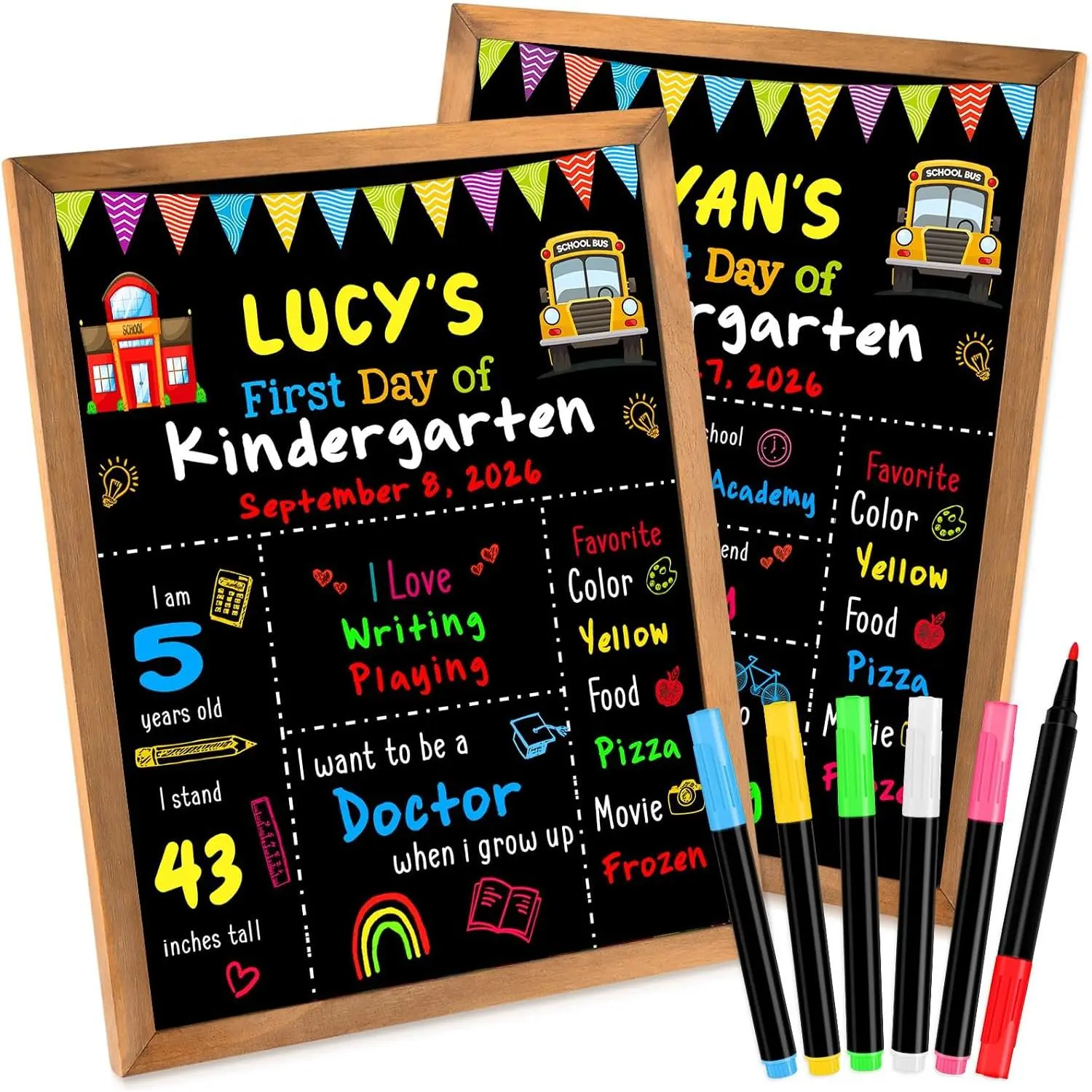of School Sign Board with 6 Liquid Chalk Markers, Double-Sided | 14"x10.4"  to School Supplies for , My First and Last Day of  Wooden Chalkboard for ,