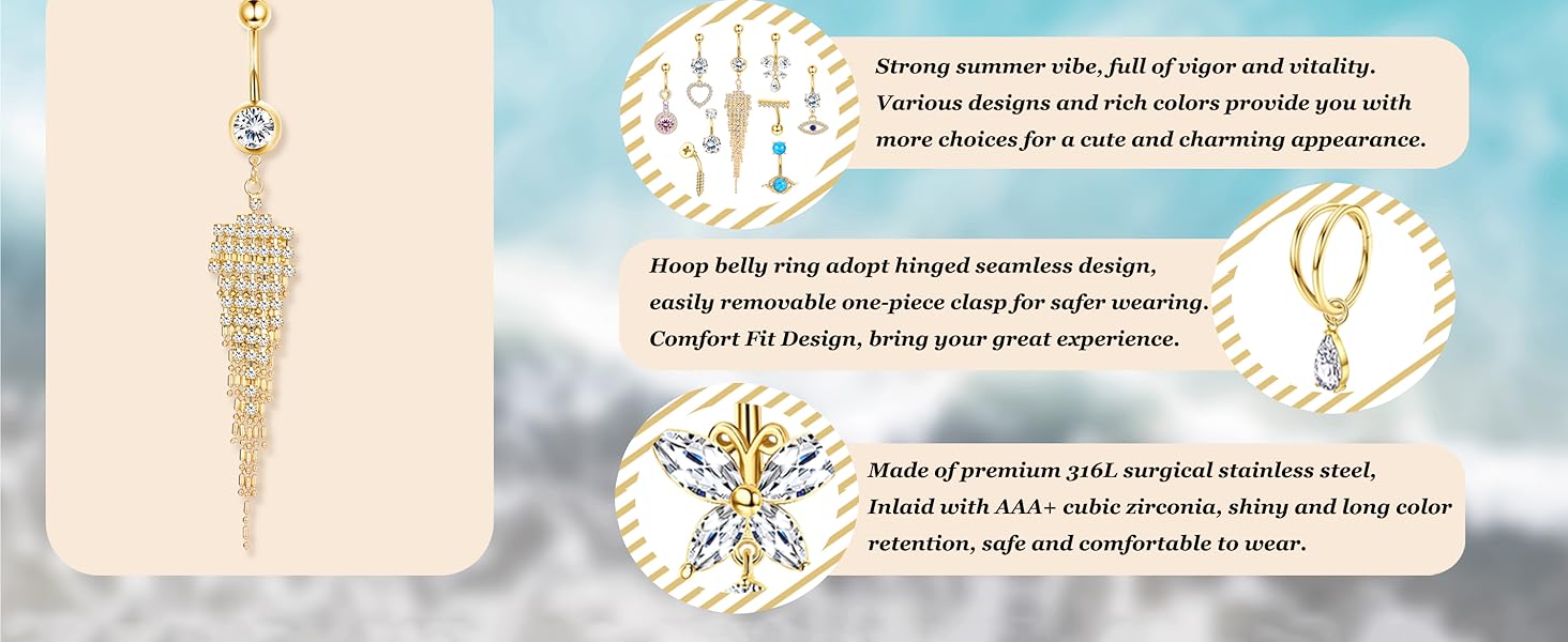 ZELORES 9Pcs 14G Belly Button Rings for Women Surgical Stainless Steel Belly Rings Cute Navel Rings Butterfly Snake Evil Eye Heart Hoop Dangle Rose Gold Belly Button Piercing Jewelry Cubic Zirconia