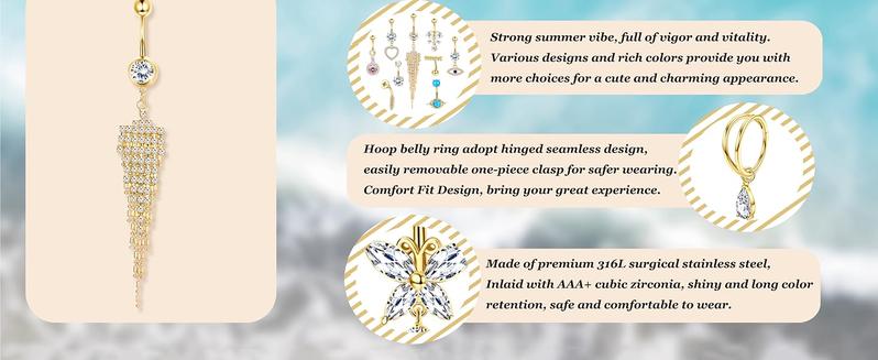 ZELORES 9Pcs 14G Belly Button Rings for Women Surgical Stainless Steel Belly Rings Cute Navel Rings Butterfly Snake Evil Eye Heart Hoop Dangle Rose Gold Belly Button Piercing Jewelry Cubic Zirconia