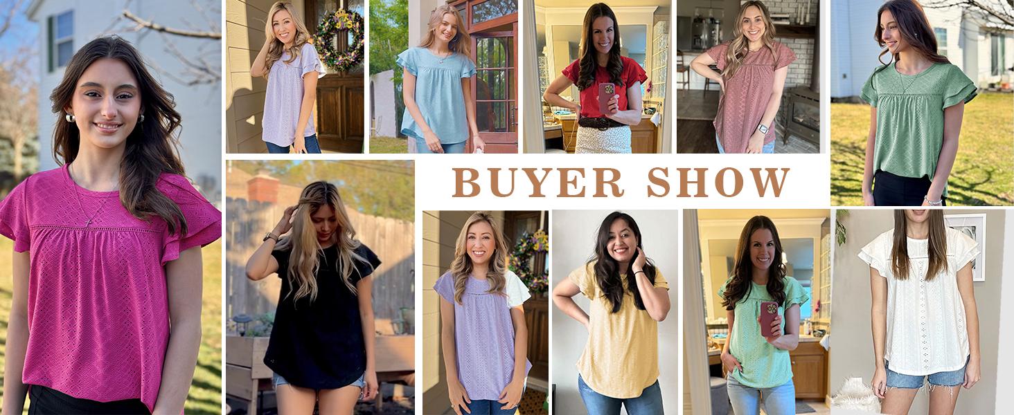 Women's Summer Tops Crewneck Eyelet Ruffle Short Sleeve Blouses Casual Babydoll Shirts 2025 S-2XL Lightweight Soft Knitted Fabric Trendy Babydoll Style