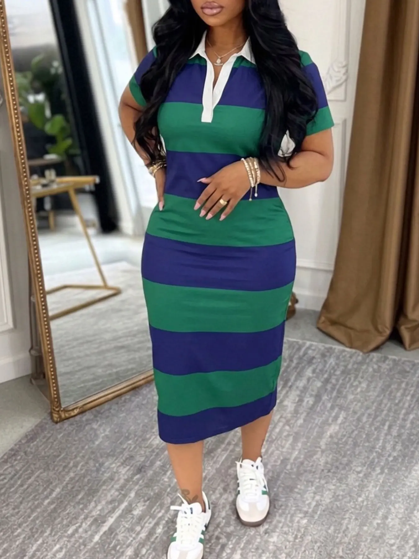 Striped Polo Midi Dress for Women, Casual Short Sleeve Bodycon Summer Dress, V Neck Collared Striped Dress for Daily & Brunch, Striped Summer Dresses