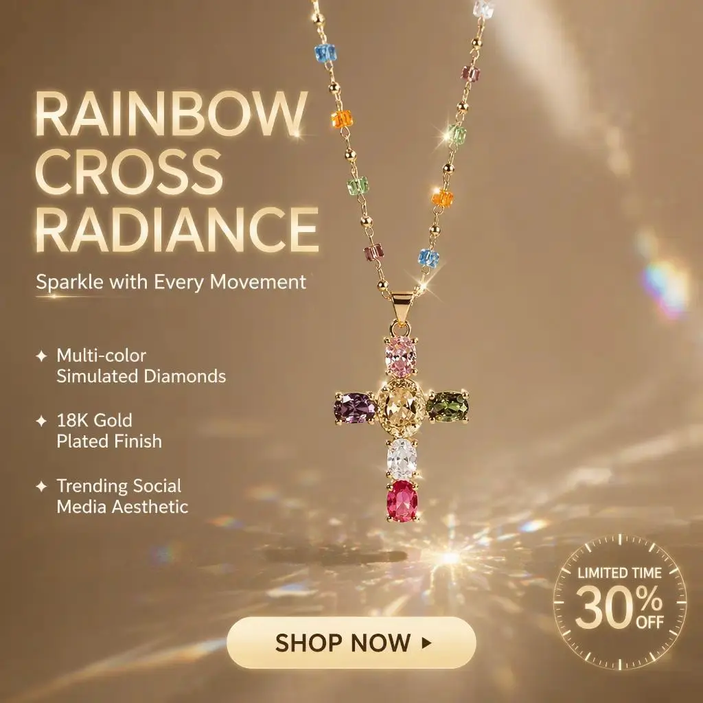 Cross Necklace for Women, Colorful Crystal Beaded Chain Pendant Necklace, Elegant Christian Faith Jewelry with Gold Tone Charm Design, Meaningful Religious Gift for Her, Stylish Statement Necklace for Daily Wear, Church, Birthday and Special Occasions