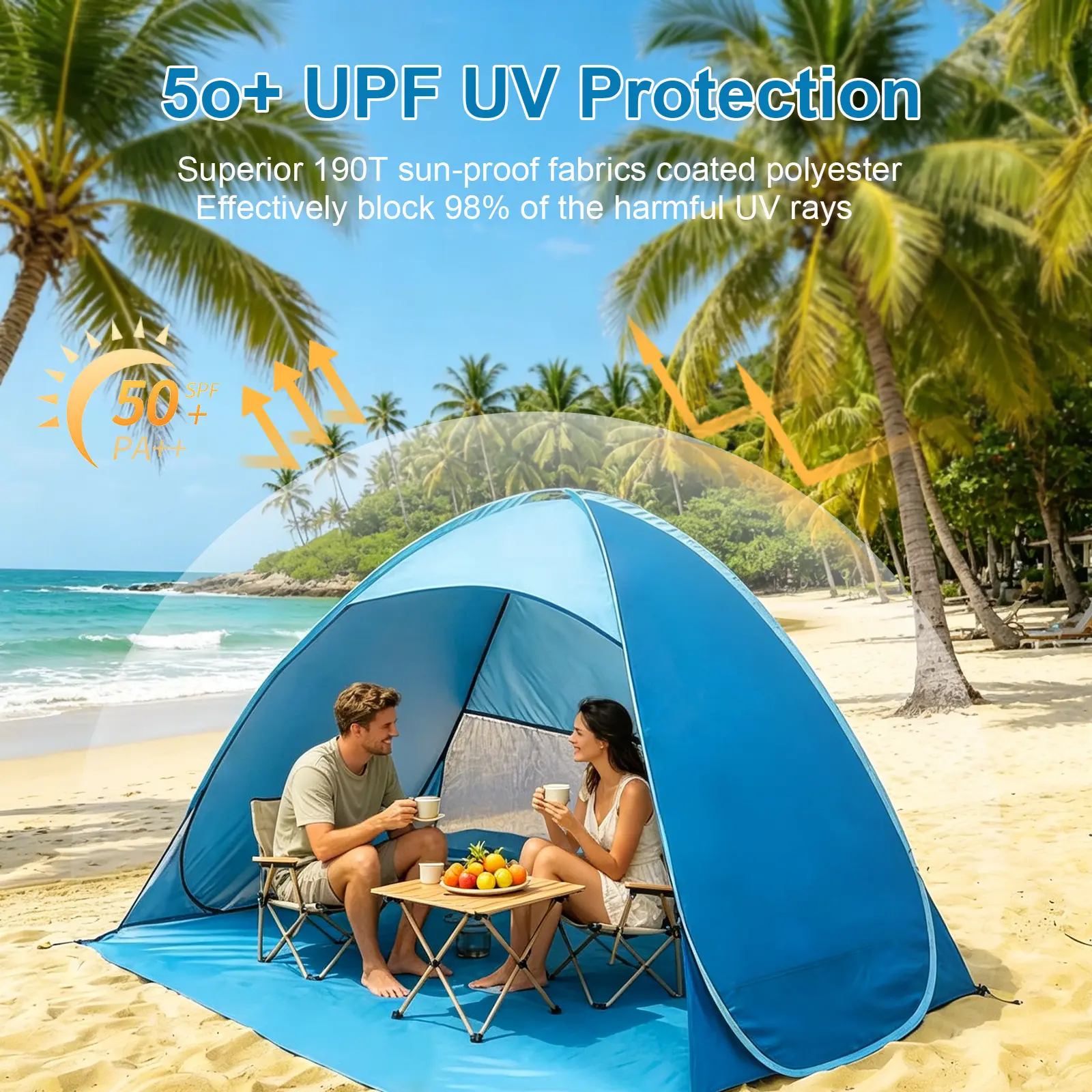 Large 3-4 Person Portable One-Button Pop-Up Outdoor Beach Shade Tent, 360-Degree Surrounding Ventilation, Equipped with 6 Ground Stakes, UPF 50+ Sun Protection, Suitable Outdoor Camping And The Beach, Outings, And Picnics