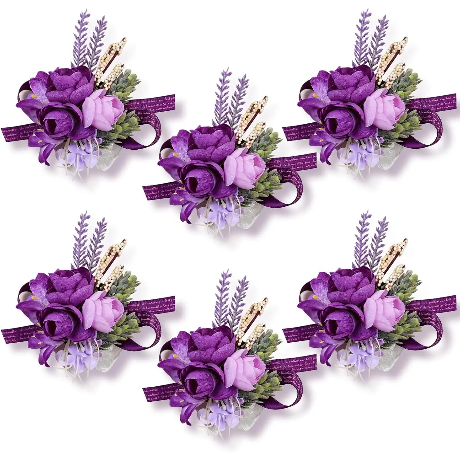 Lavender Purple Handmade Wrist Corsages (Set of 6) with Elastic Band, Artificial Silk Rose Formal Flowers for Wedding (Mother of Bride/Groom), Birthday & Beach Hand Decor, Adjustable, Mothers, Ceremony